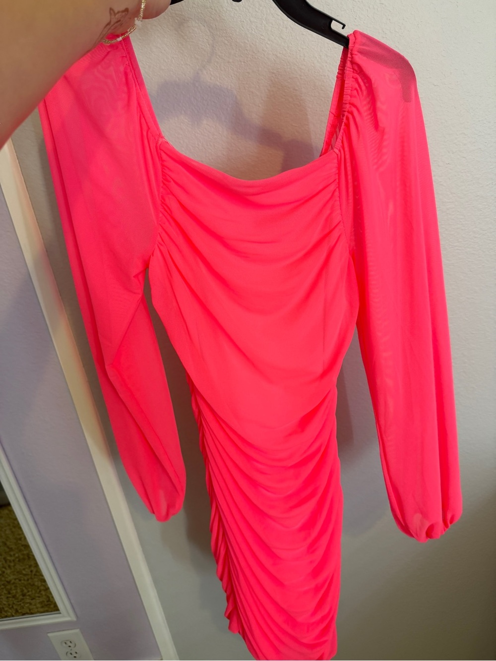 Neon Pink Ruched Long Sleeve Women’s Dress